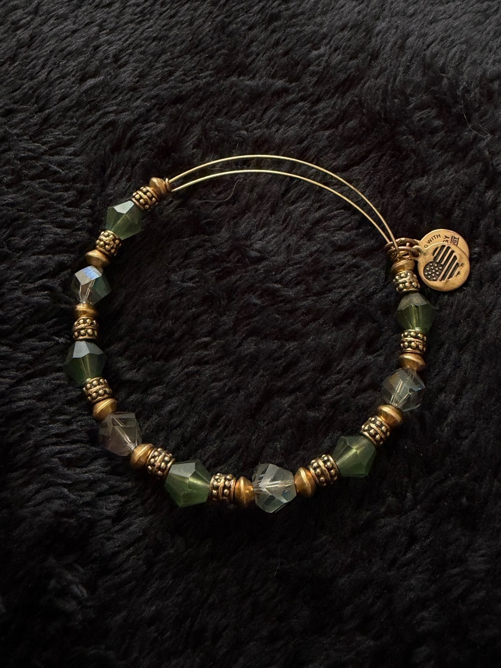 Alex and Ani Green Crystal and Gold Bead Adjustable Bracelet